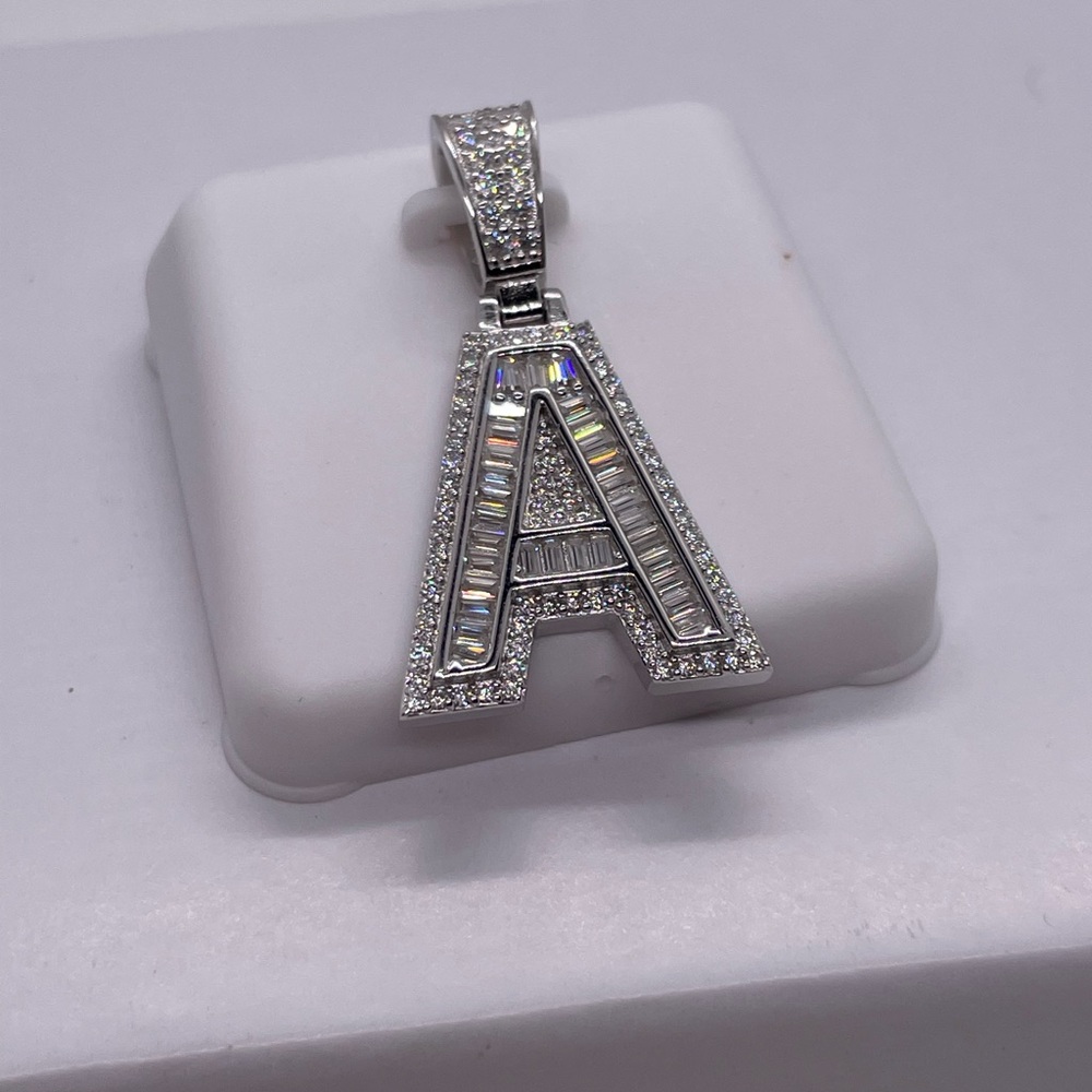 Silver Initial 'A' Pendant Necklace - Moissanite Diamonds with 925 Stamped